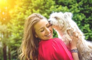 dog smelling and licking the eyes of their owner.