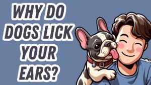Dog licking inside of smiling woman's ear, common sign of affection from dogs