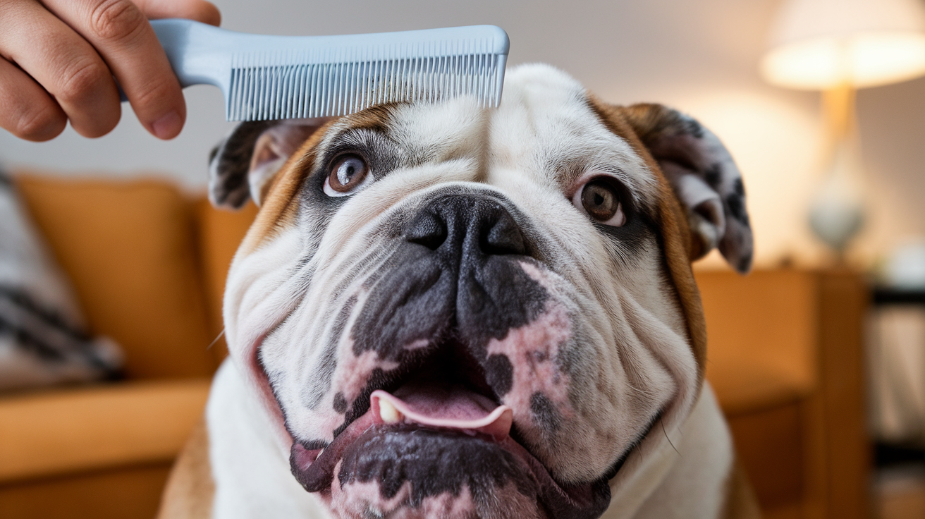 A bulldog puppy looking alertly at the camera with a soft, lightly textured coat in the background.